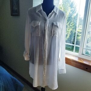 Chico's White Tunic Textured Sheer Woven  Roll Tab Sleeves Shirttail Hem L